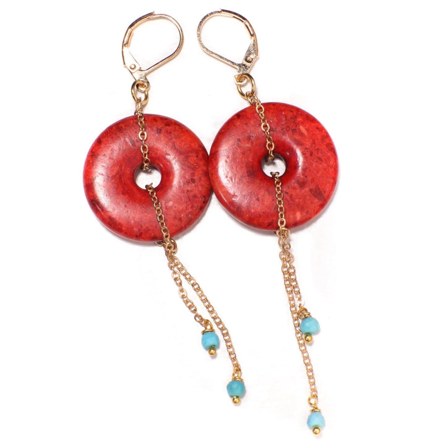 Sponge Coral 25mm Donut Dangle and genuine Faceted Turquoise Beads in Gold Plated Brass or 14K Gold Filled Chain and Leverback Earrings