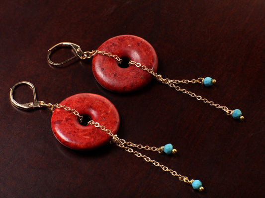 Sponge Coral 25mm Donut Dangle and genuine Faceted Turquoise Beads in Gold Plated Brass or 14K Gold Filled Chain and Leverback Earrings