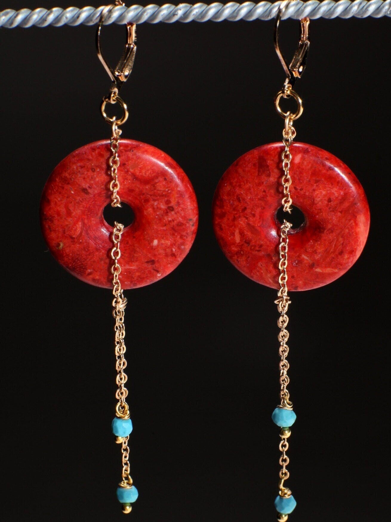 Sponge Coral 25mm Donut Dangle and genuine Faceted Turquoise Beads in Gold Plated Brass or 14K Gold Filled Chain and Leverback Earrings