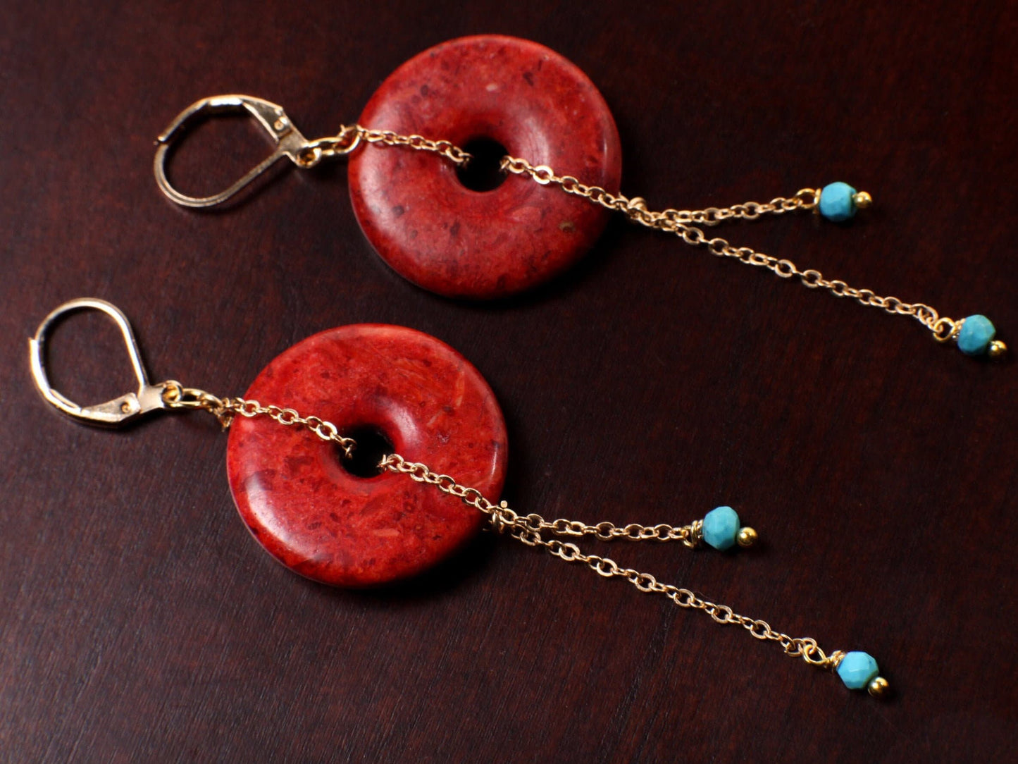 Sponge Coral 25mm Donut Dangle and genuine Faceted Turquoise Beads in Gold Plated Brass or 14K Gold Filled Chain and Leverback Earrings