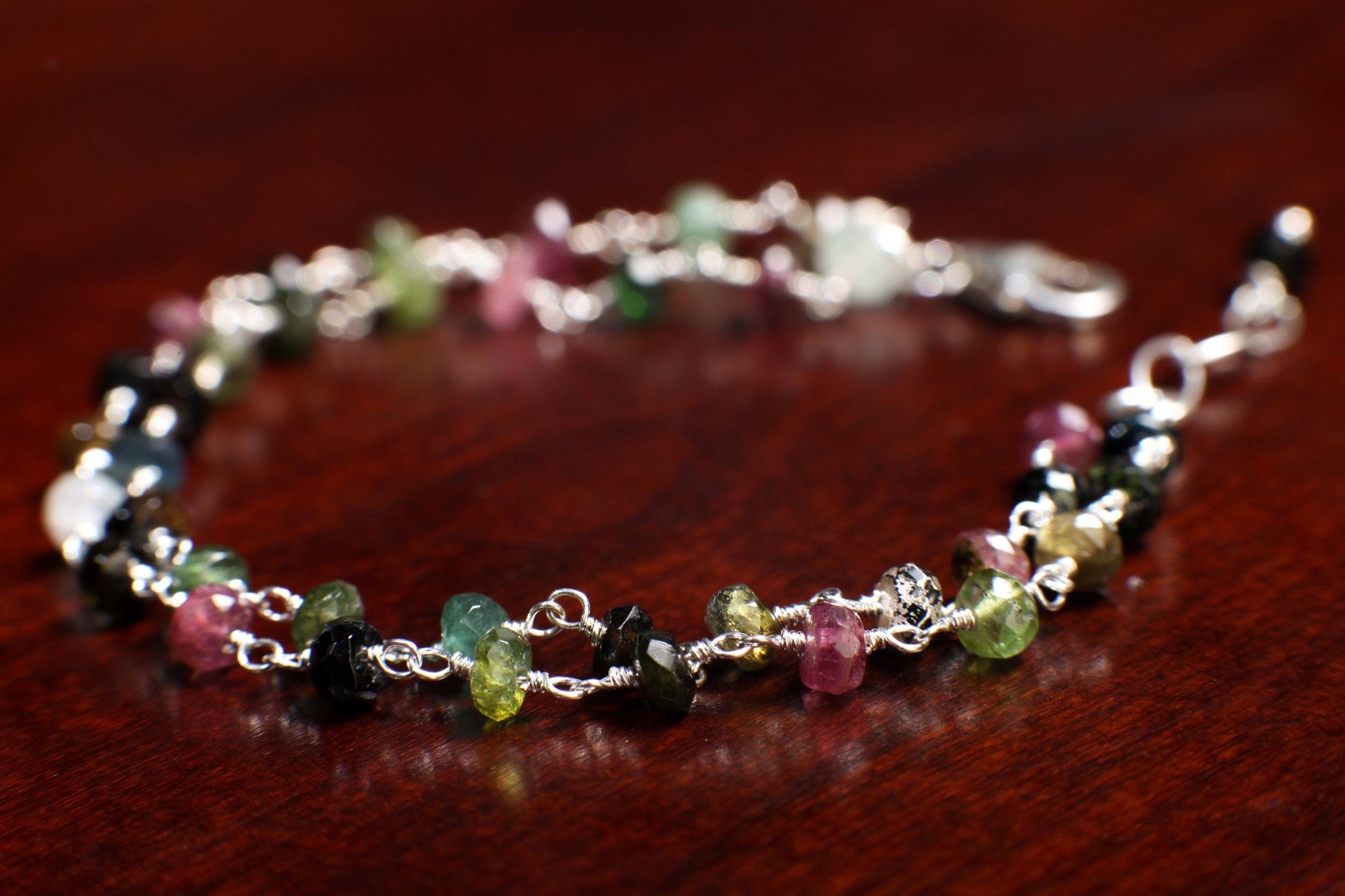 Watermelon Tourmaline Silver Wire Wrapped Faceted large 5mm Rondelle 2 Line Bracelet in 925 Sterling Silver Clasp and extension,Gift for her