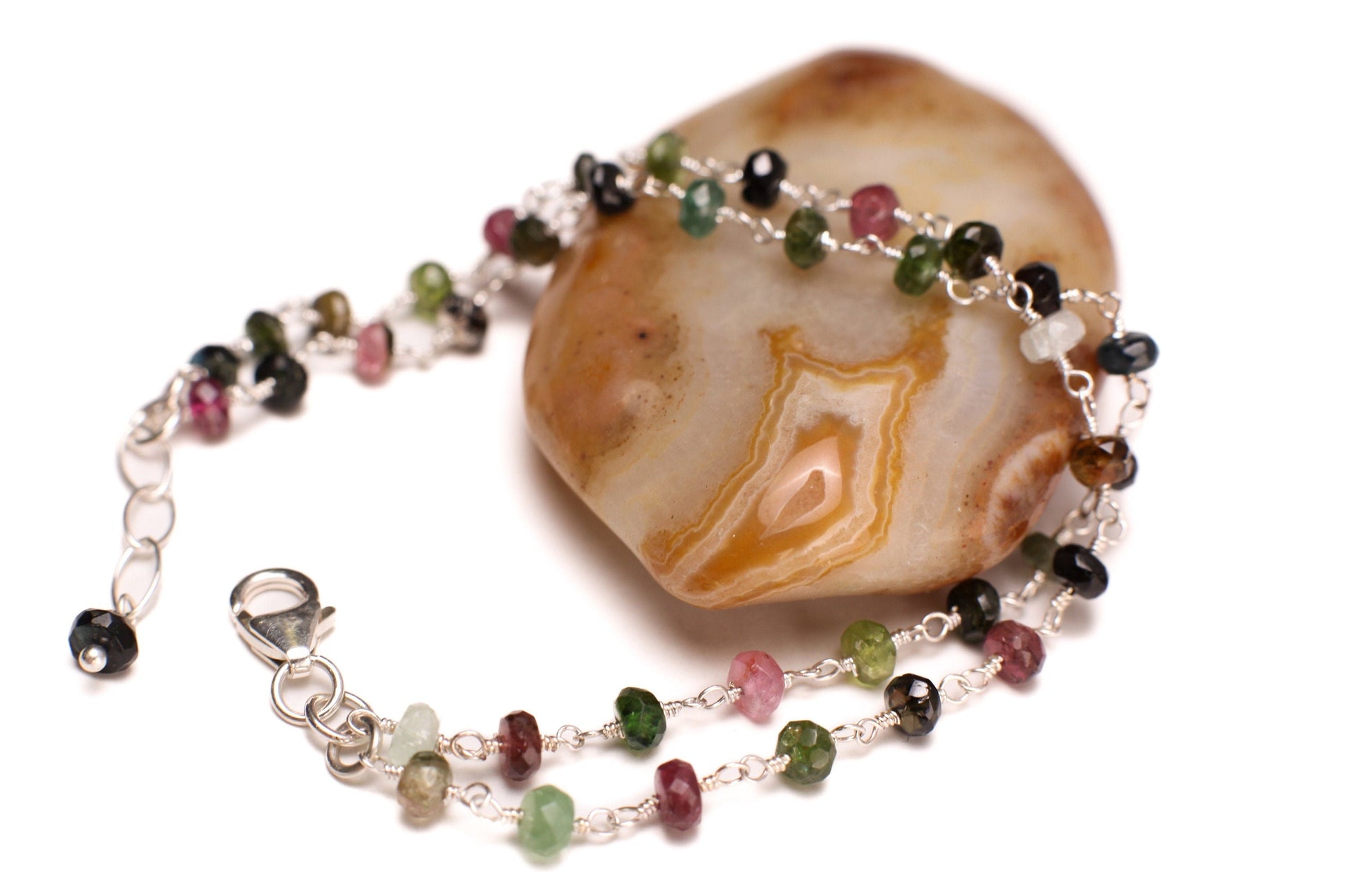 Watermelon Tourmaline Silver Wire Wrapped Faceted large 5mm Rondelle 2 Line Bracelet in 925 Sterling Silver Clasp and extension,Gift for her
