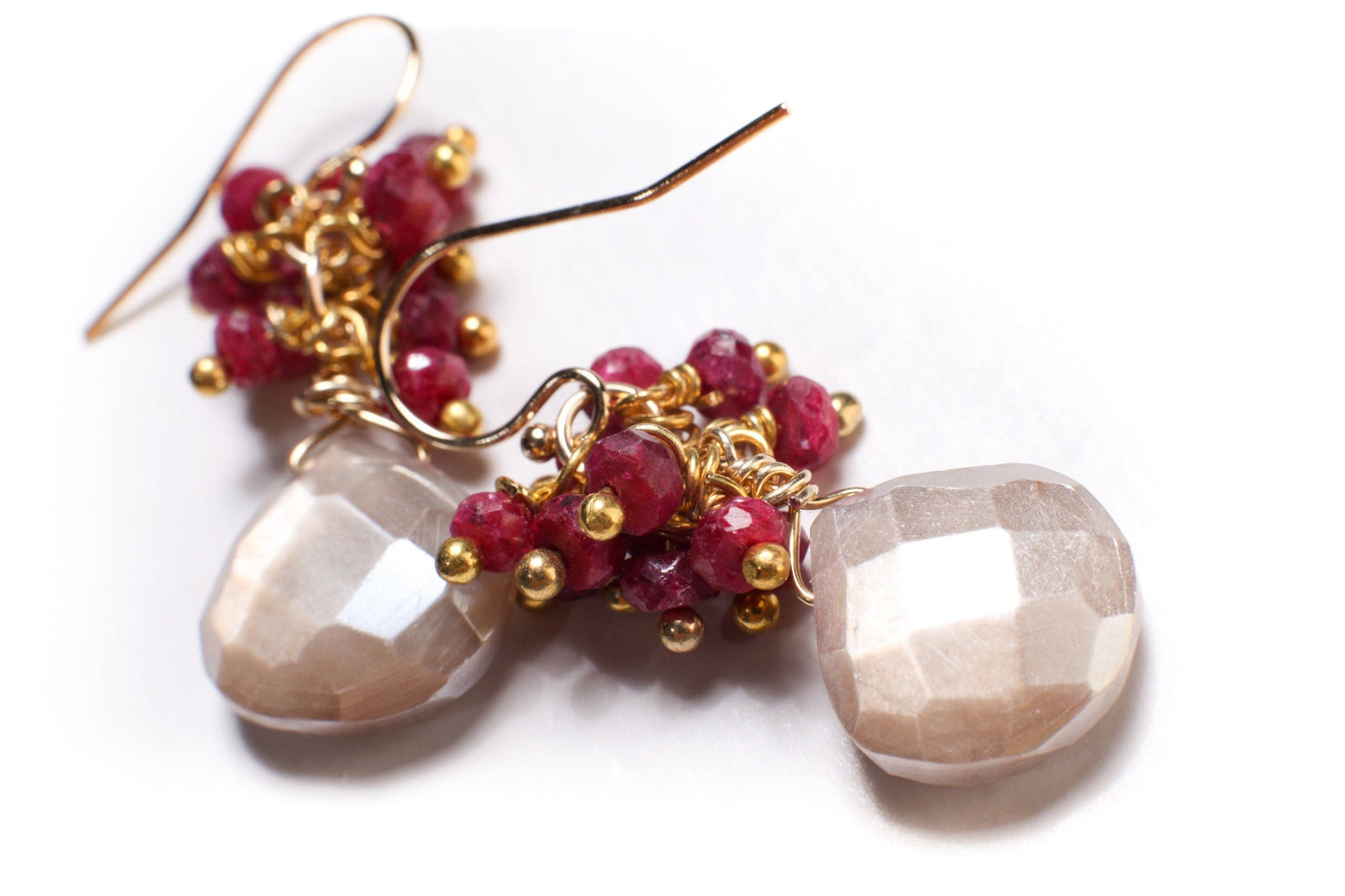 Genuine Ruby Cluster Wire Wrapped, Peach Moonstone Dangling Earrings in 14K Gold Filled Ear Wire, Valentine, Bridesmaid, Gift for her