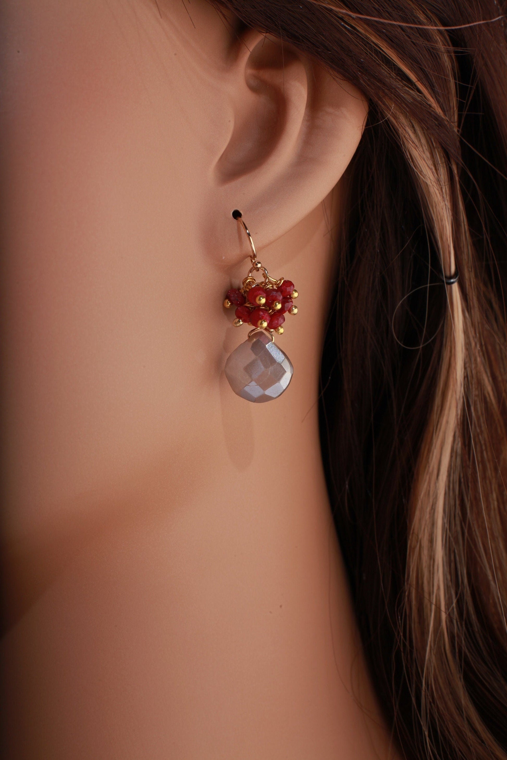 Genuine Ruby Cluster Wire Wrapped, Peach Moonstone Dangling Earrings in 14K Gold Filled Ear Wire, Valentine, Bridesmaid, Gift for her