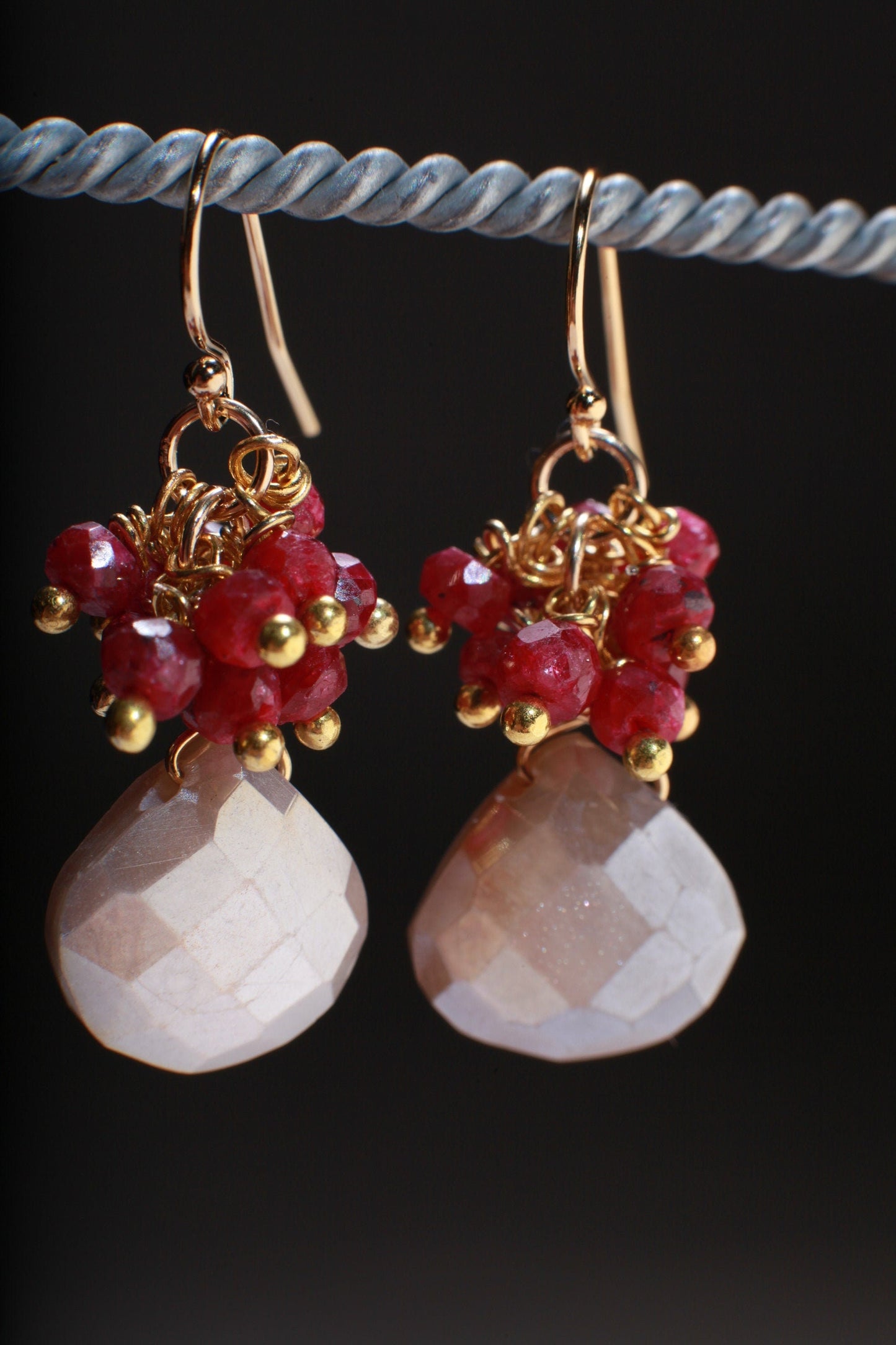 Genuine Ruby Cluster Wire Wrapped, Peach Moonstone Dangling Earrings in 14K Gold Filled Ear Wire, Valentine, Bridesmaid, Gift for her