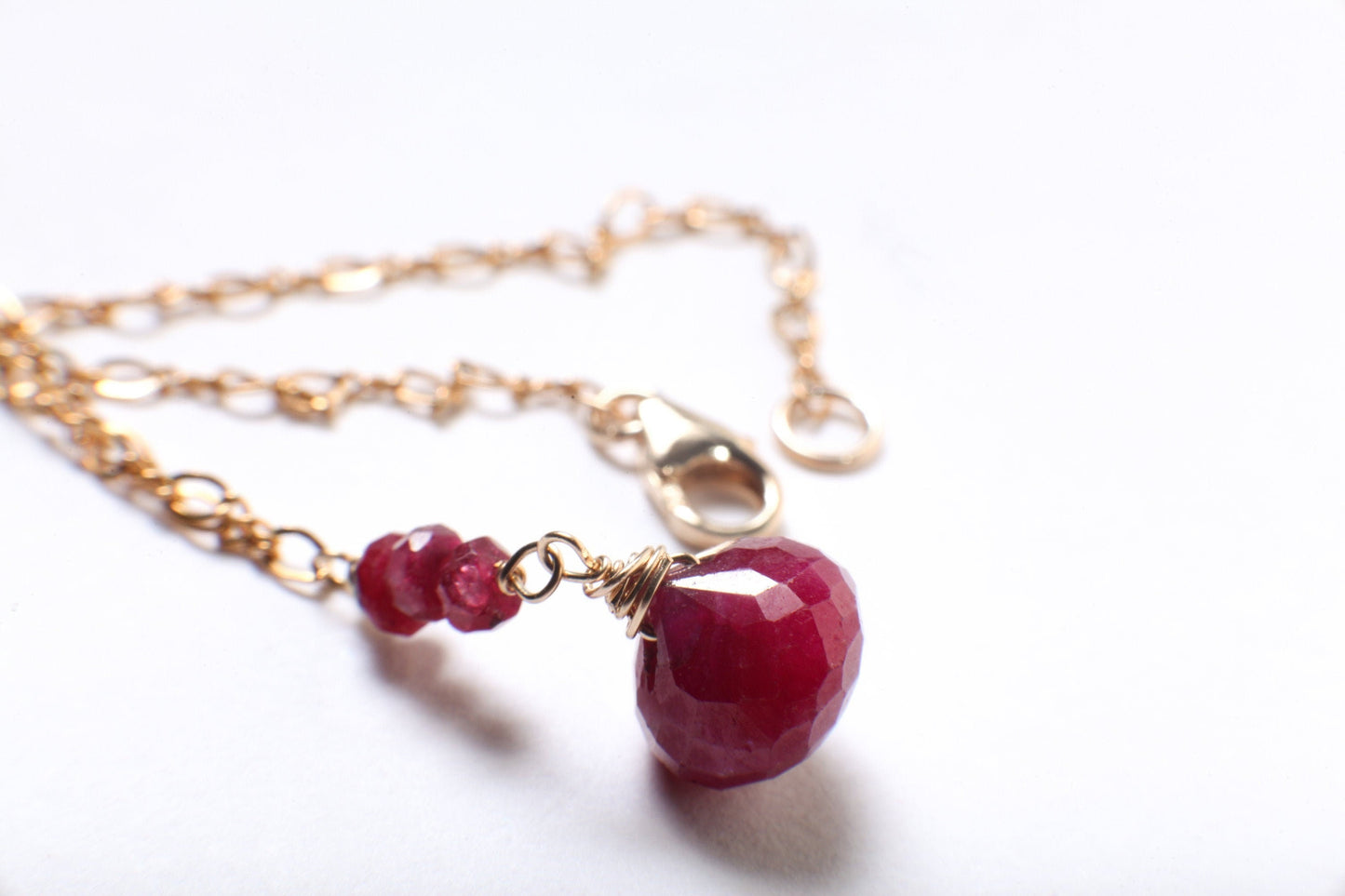 Ruby Onion Drop Briolette, Genuine Ruby Wire Wrapped Faceted 9-10mm Onion drop Ruby Rondelle in 14K Gold Filled Figure 8 Chain Necklace gift