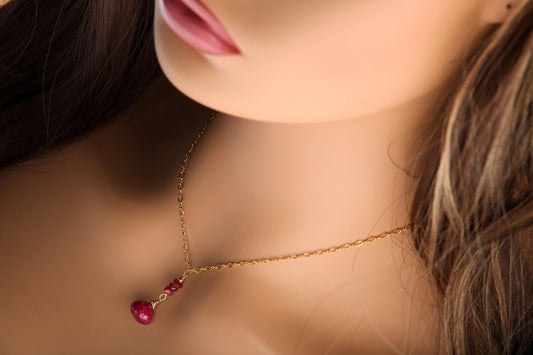 Ruby Onion Drop Briolette, Genuine Ruby Wire Wrapped Faceted 9-10mm Onion drop Ruby Rondelle in 14K Gold Filled Figure 8 Chain Necklace gift