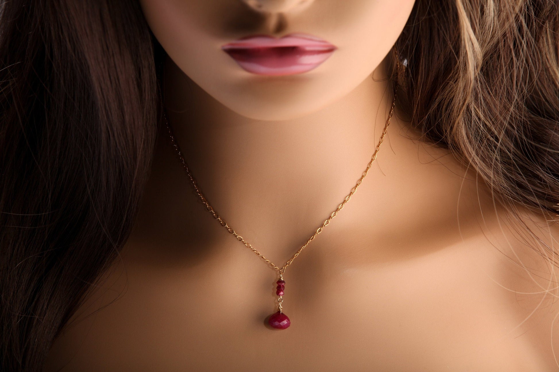 Ruby Onion Drop Briolette, Genuine Ruby Wire Wrapped Faceted 9-10mm Onion drop Ruby Rondelle in 14K Gold Filled Figure 8 Chain Necklace gift