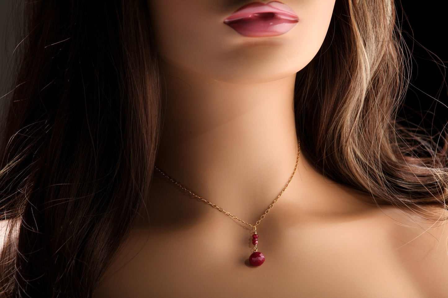 Ruby Onion Drop Briolette, Genuine Ruby Wire Wrapped Faceted 9-10mm Onion drop Ruby Rondelle in 14K Gold Filled Figure 8 Chain Necklace gift