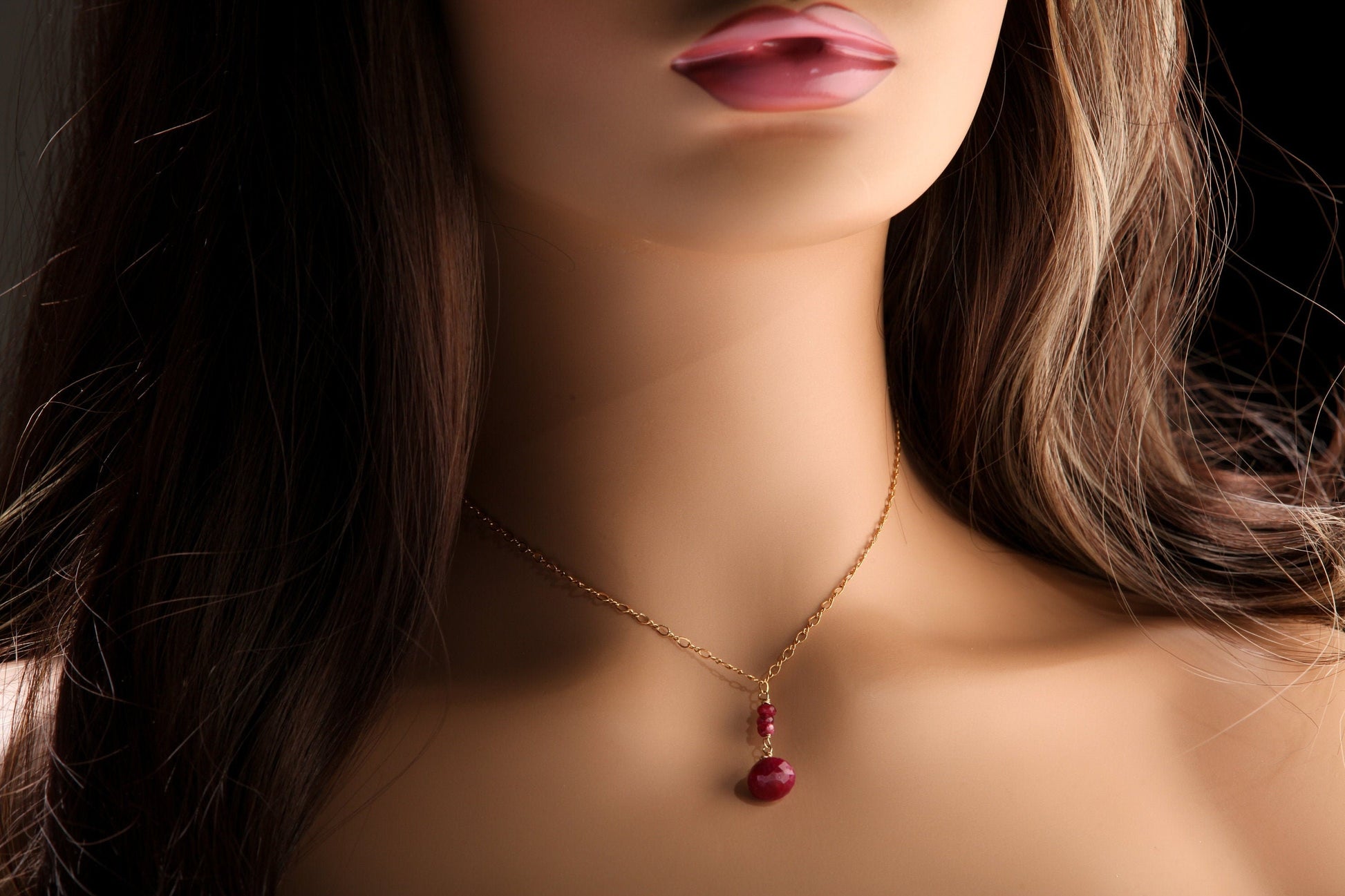 Ruby Onion Drop Briolette, Genuine Ruby Wire Wrapped Faceted 9-10mm Onion drop Ruby Rondelle in 14K Gold Filled Figure 8 Chain Necklace gift