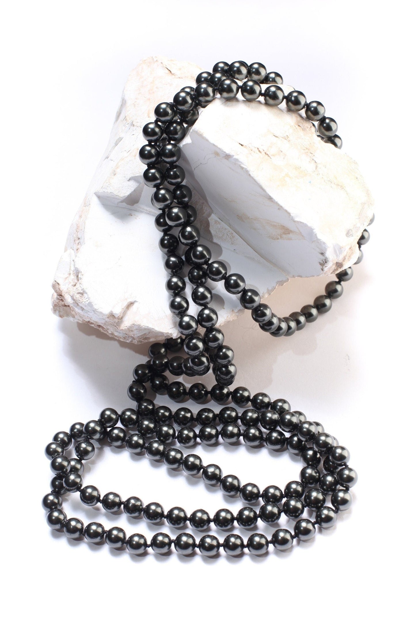 64&quot; Hand Knotted black South Seashell Pearl 8mm Round Beads Statement Black Long Double, Triple Layers Necklace 174 Pcs