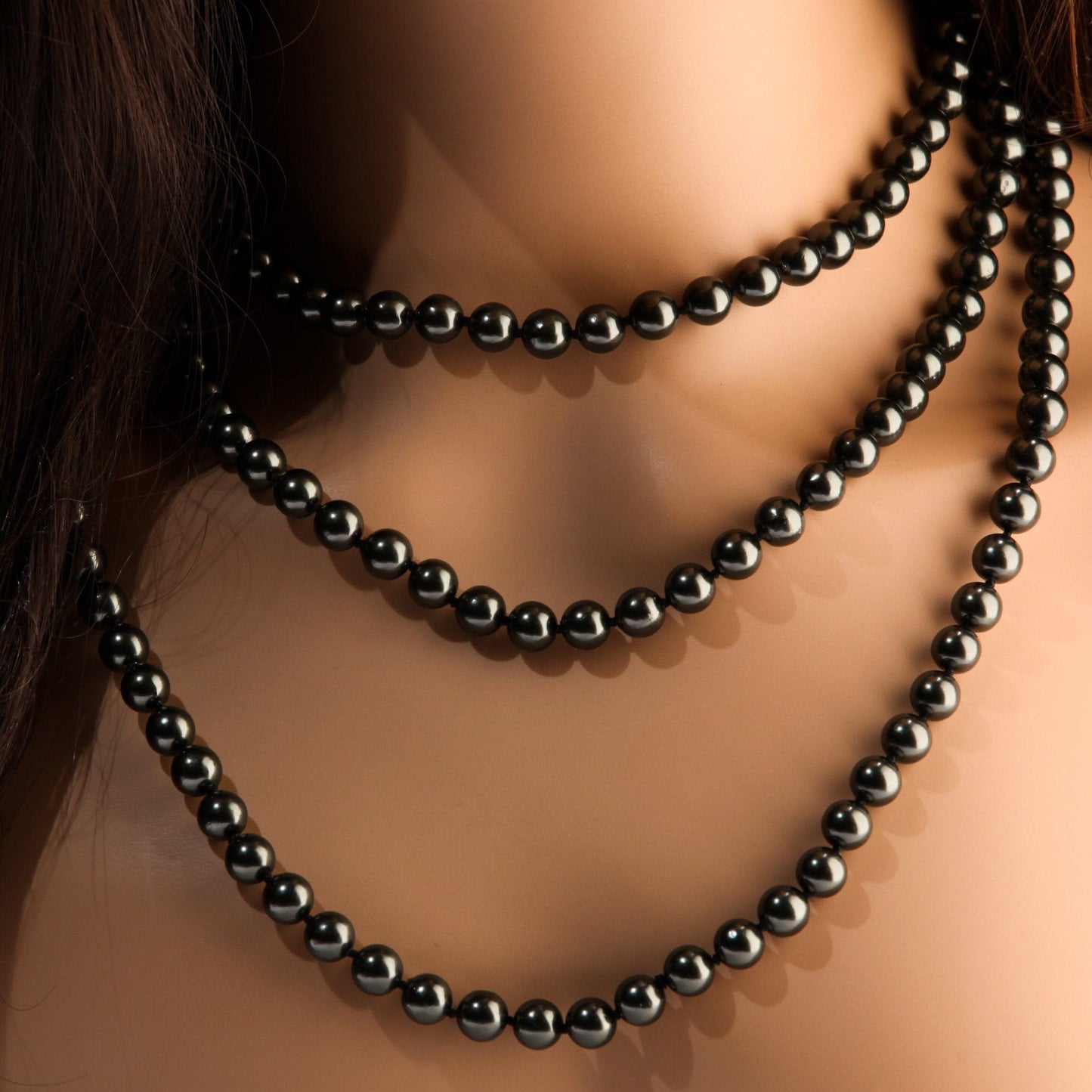 64" Hand Knotted black South Seashell Pearl 8mm Round Beads Statement Black Long Double, Triple Layers Necklace 174 Pcs