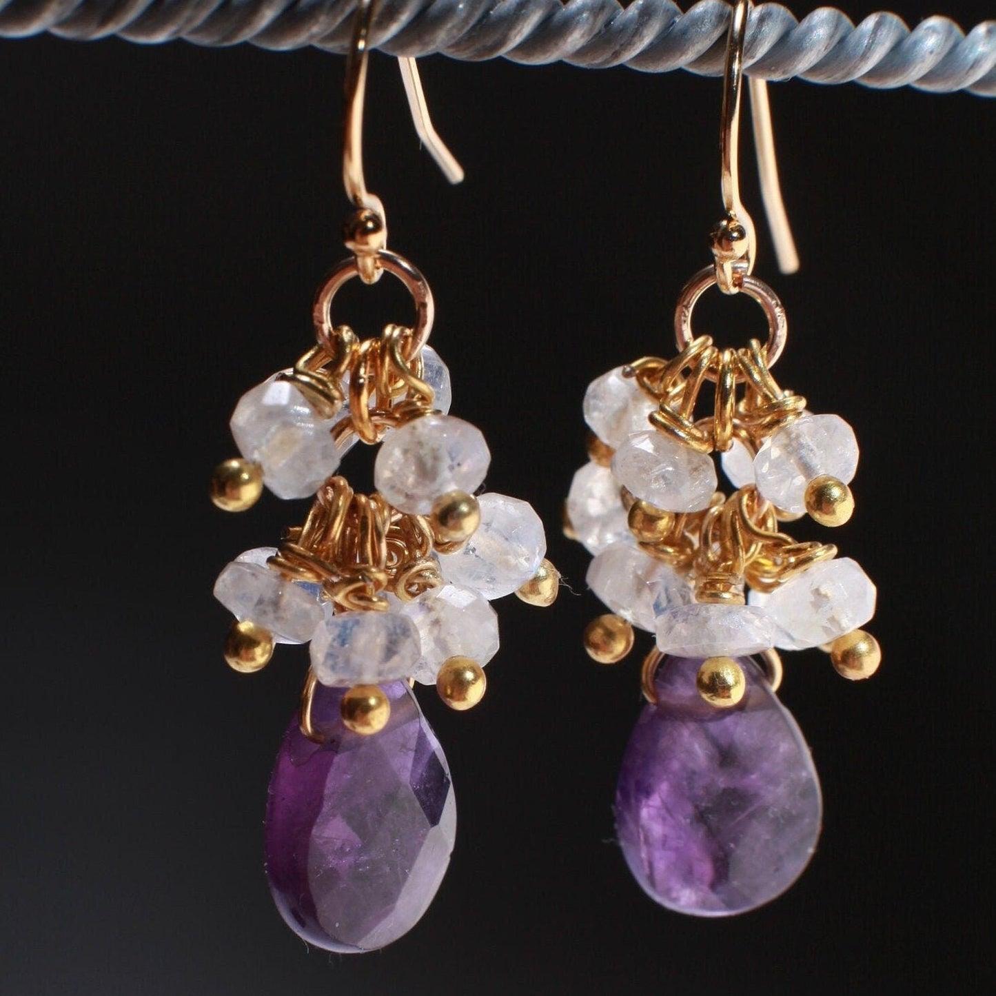 Natural Moonstones Cluster Earrings with Natural Amethyst Briolette Drop in 14K Gold Filled Ear Wire
