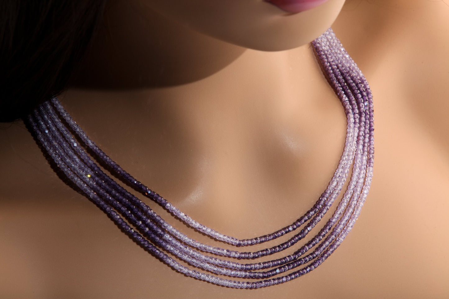 Cubic Zirconia CZ Ombre Amethyst Shaded 5 Strands 17" Necklace Plus 9" Adjustable Thread