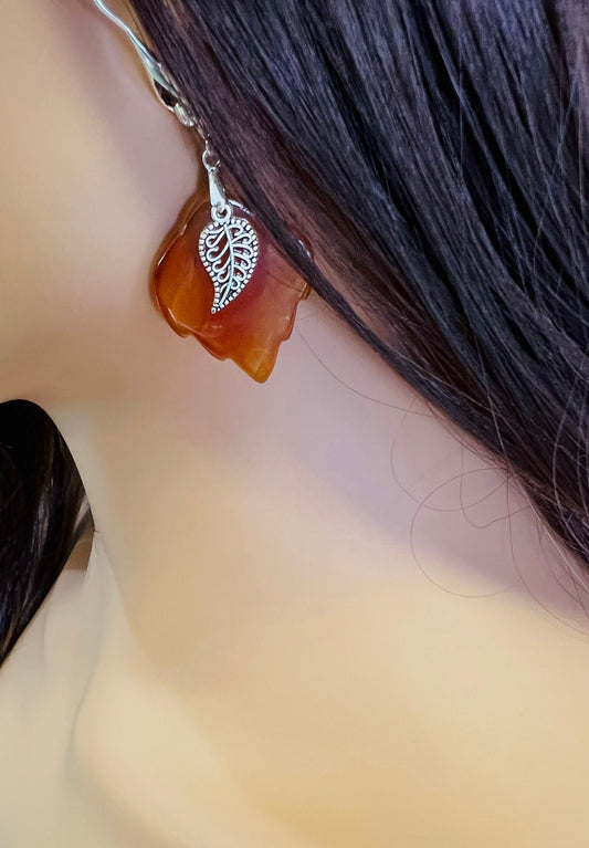 Carnelian Agate hand carved Leaf 28x35mm,Bali Style Filigree Leaf Dangling Earrings in Silver Earring .Vintage boho antique style gift