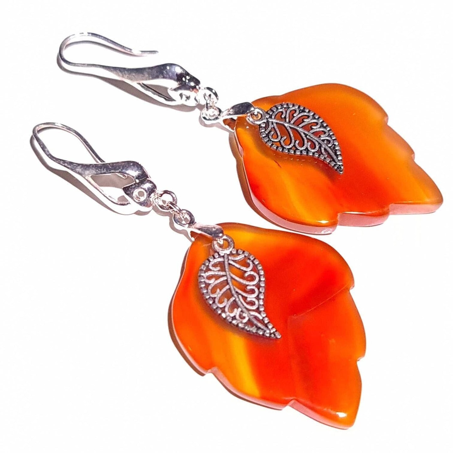 Carnelian Agate hand carved Leaf 28x35mm,Bali Style Filigree Leaf Dangling Earrings in Silver Earring .Vintage boho antique style gift