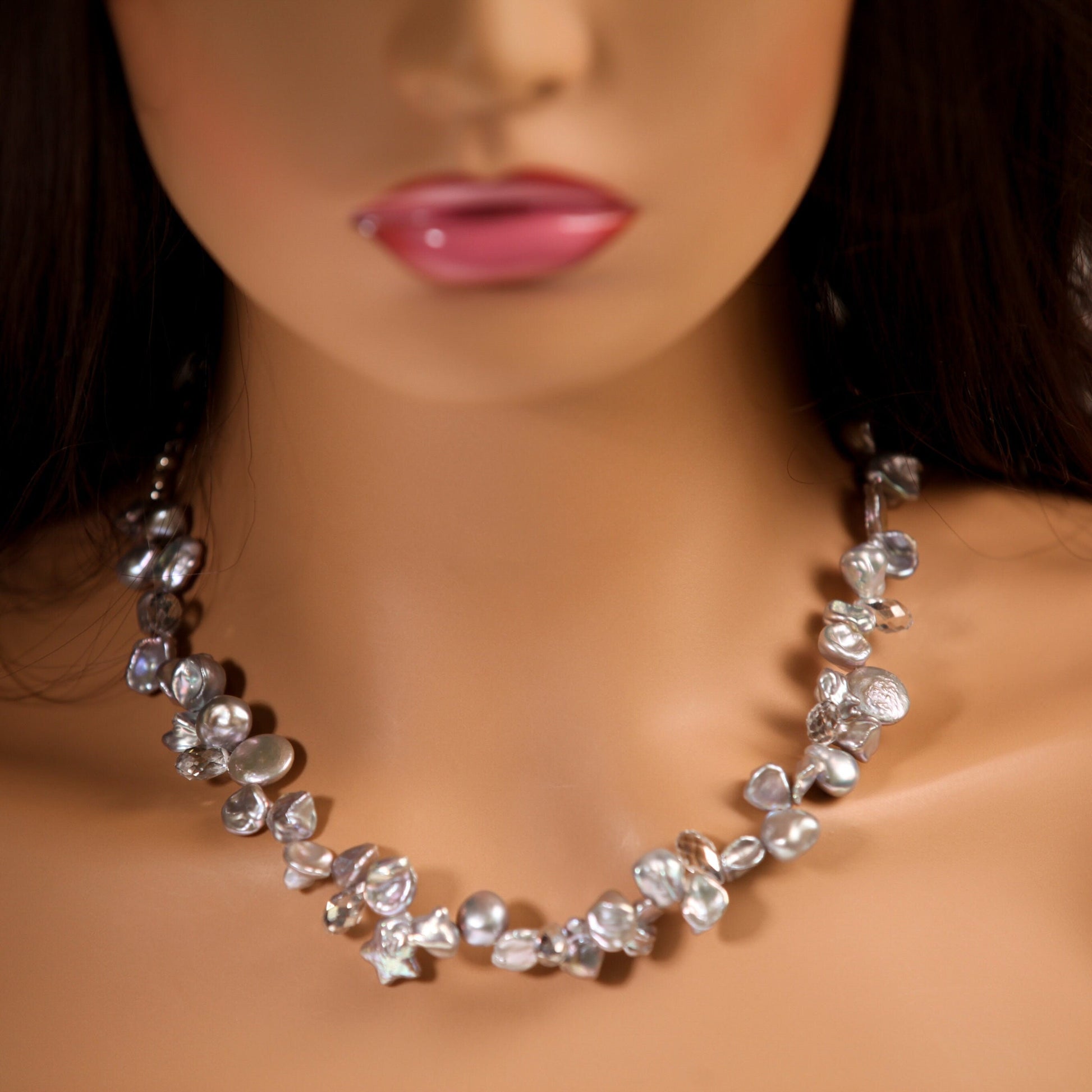 Natural Freshwater Gray silver Keshi Pearl High Luster Pearl with Crystal Spacers 16" Necklace with 4" Extension