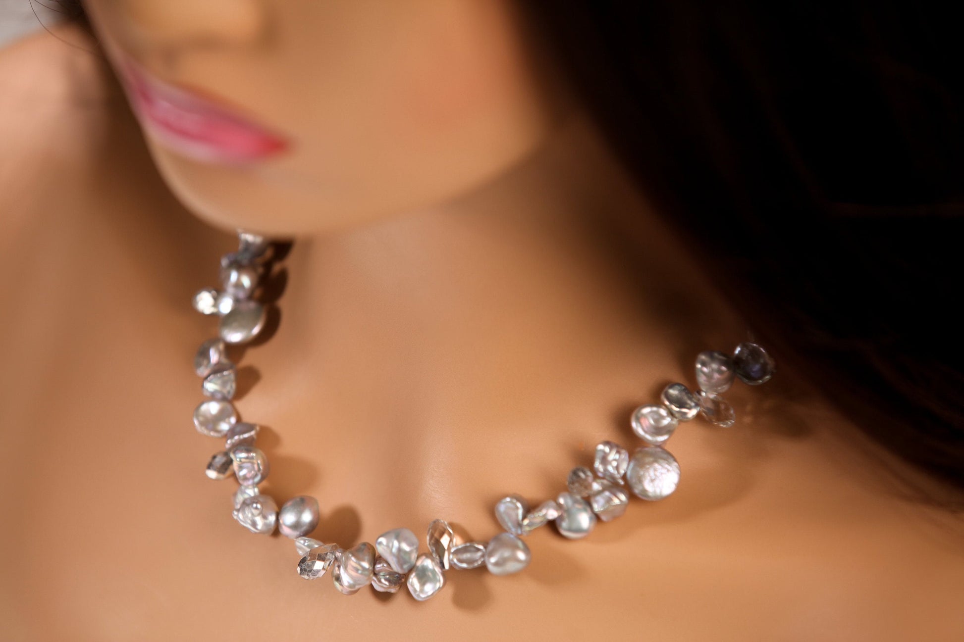 Natural Freshwater Gray silver Keshi Pearl High Luster Pearl with Crystal Spacers 16" Necklace with 4" Extension