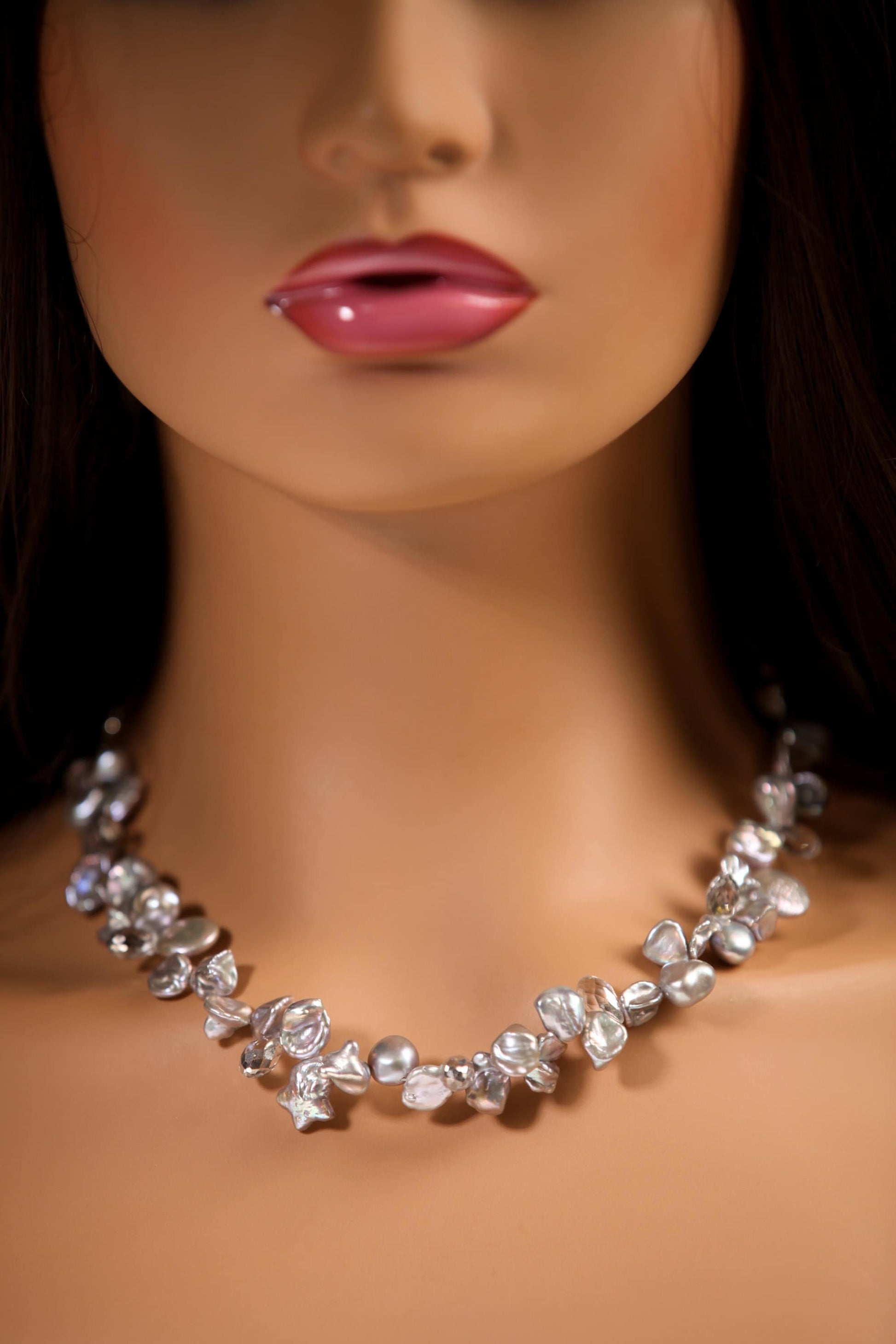 Natural Freshwater Gray silver Keshi Pearl High Luster Pearl with Crystal Spacers 16" Necklace with 4" Extension