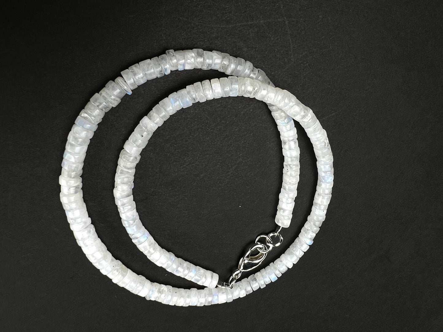 Rainbow Moonstone Heishi Tyre roundel 4.5-5.5, Silver Necklace for Man and woman