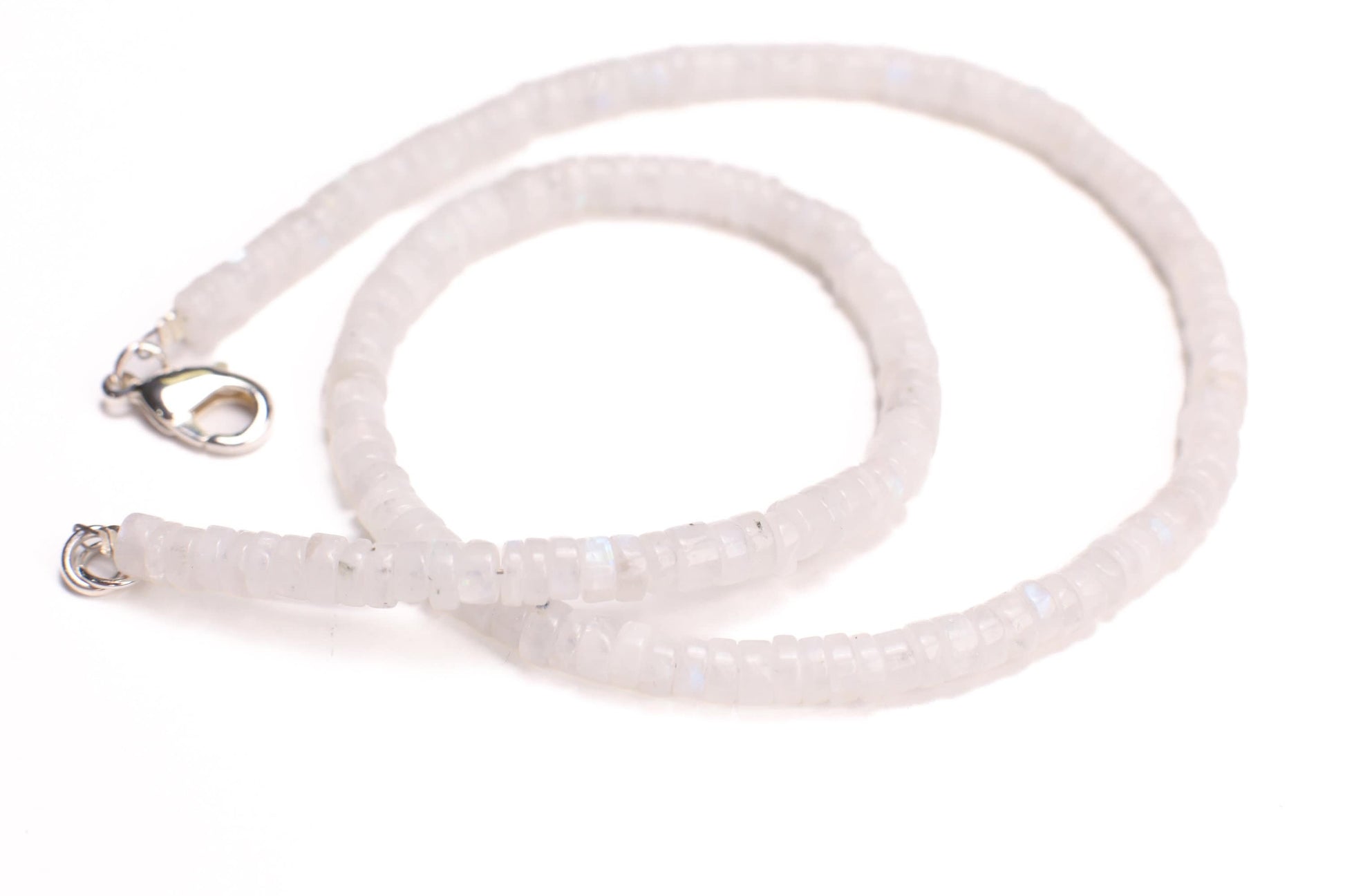 Rainbow Moonstone Heishi Tyre roundel 4.5-5.5, Silver Necklace for Man and woman