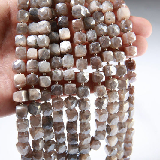 Natural Moonstone Faceted Cube in 8&quot;, 8mm Soothing Gemstone Beads