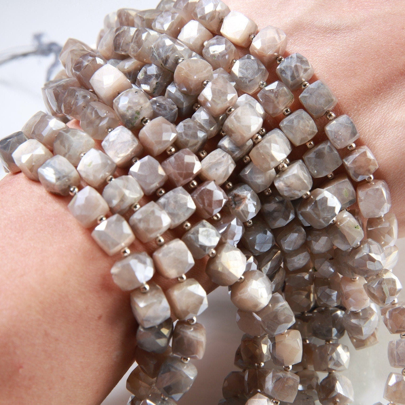 Natural Moonstone Faceted Cube in 8&quot;, 8mm Soothing Gemstone Beads