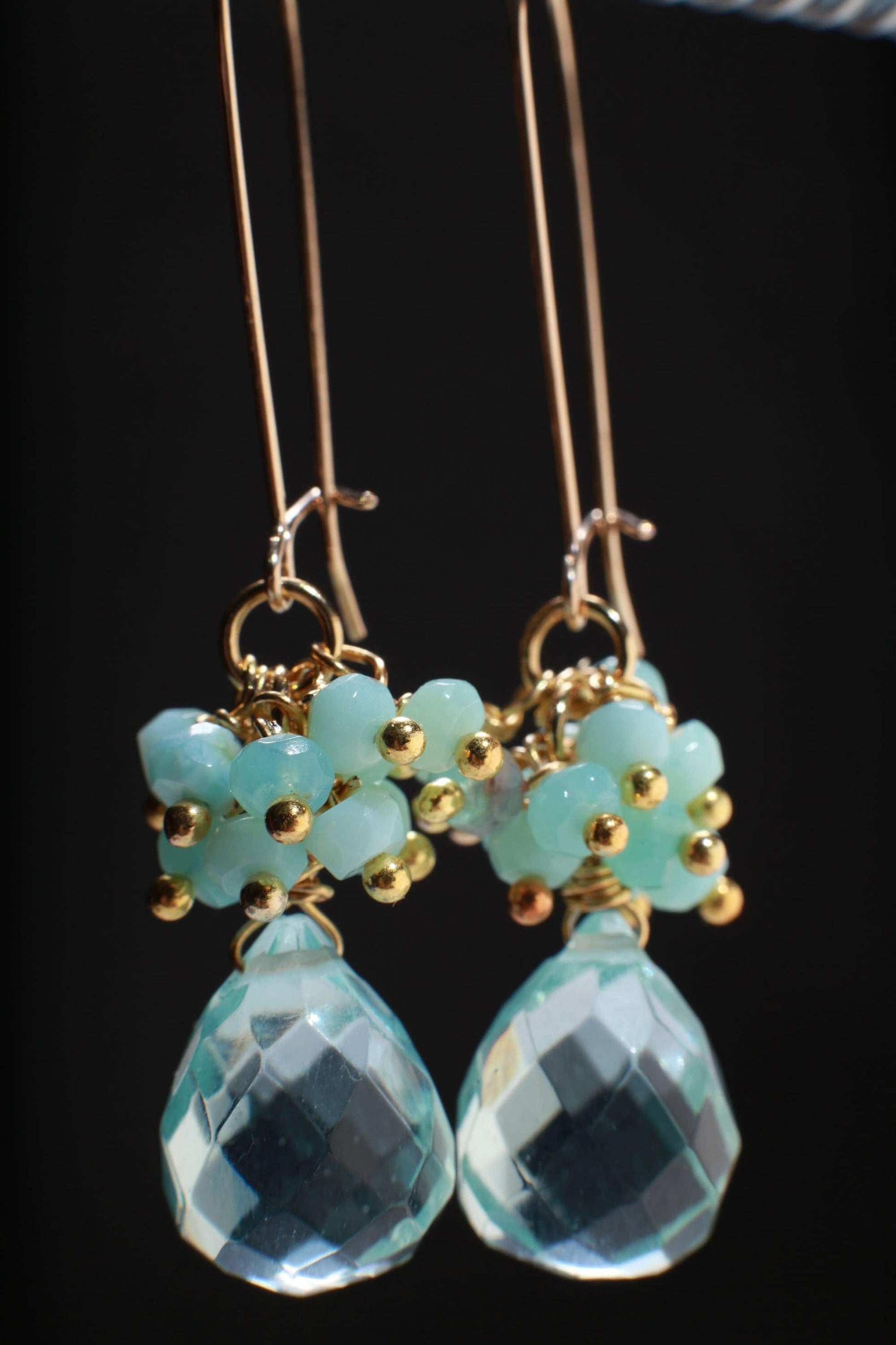 Natural Peruvian blue Opal Cluster Earring with Aqua Quartz Briolette in 14K Gold Filled Kidney Ear Wire, Soothing Gem, Boho, Beach Earring