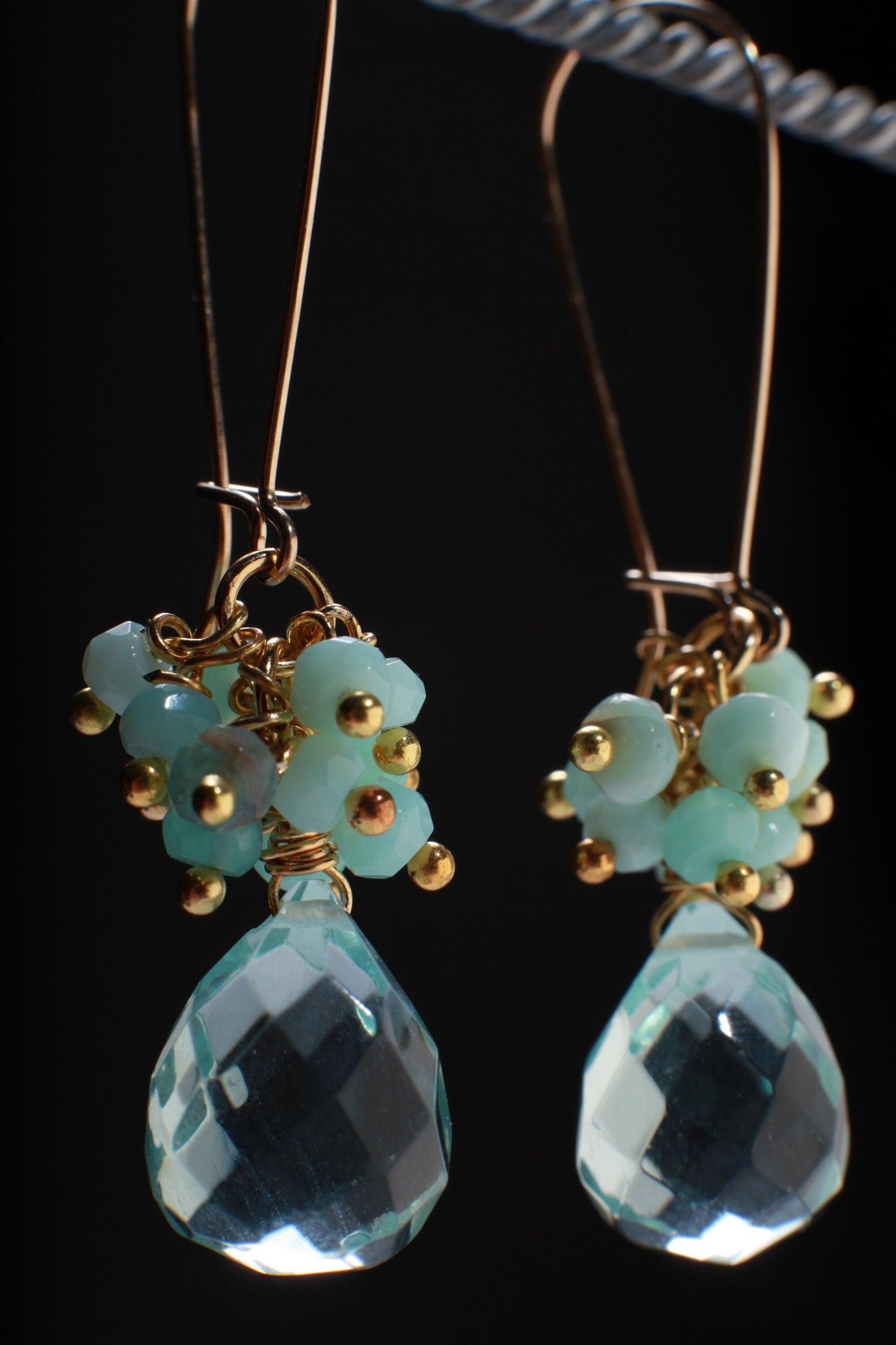 Natural Peruvian blue Opal Cluster Earring with Aqua Quartz Briolette in 14K Gold Filled Kidney Ear Wire, Soothing Gem, Boho, Beach Earring