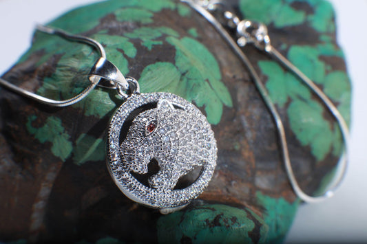 Cubic Zirconia CZ Micro Pave Diamond Style Rhodium Silver Jaguar Ruby Eye Pendant with 925 Sterling Silver Snake Chain in 16", 18"