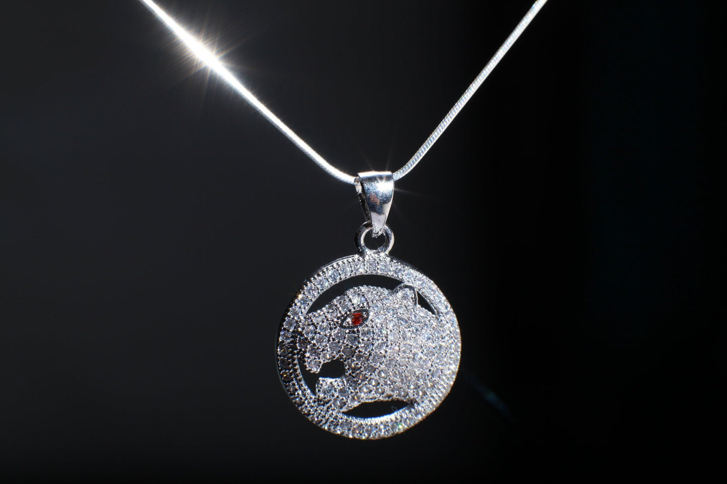 Cubic Zirconia CZ Micro Pave Diamond Style Rhodium Silver Jaguar Ruby Eye Pendant with 925 Sterling Silver Snake Chain in 16", 18"