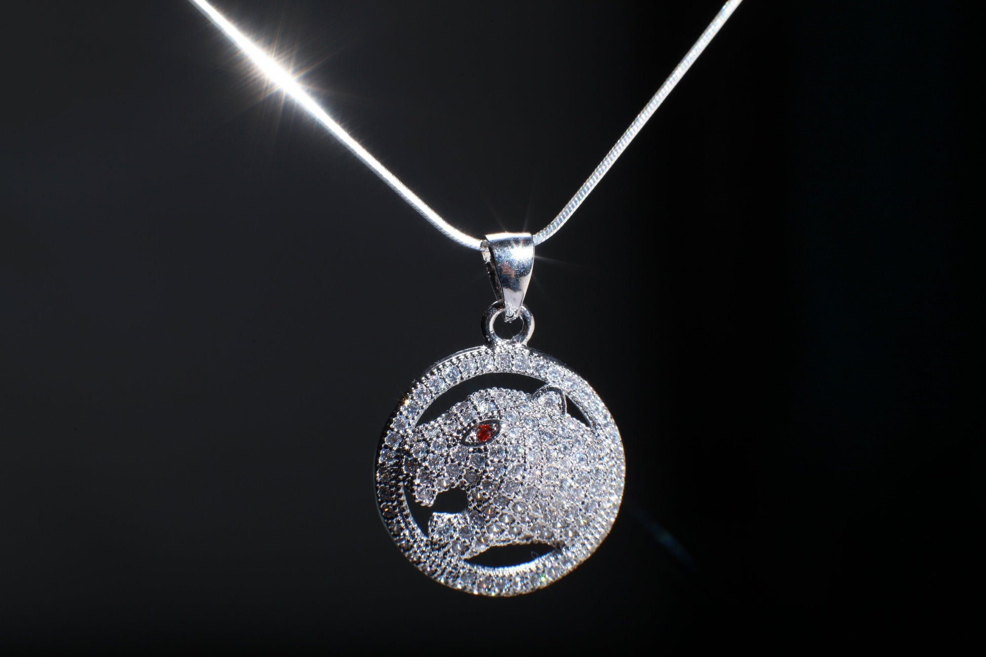 Cubic Zirconia CZ Micro Pave Diamond Style Rhodium Silver Jaguar Ruby Eye Pendant with 925 Sterling Silver Snake Chain in 16", 18"