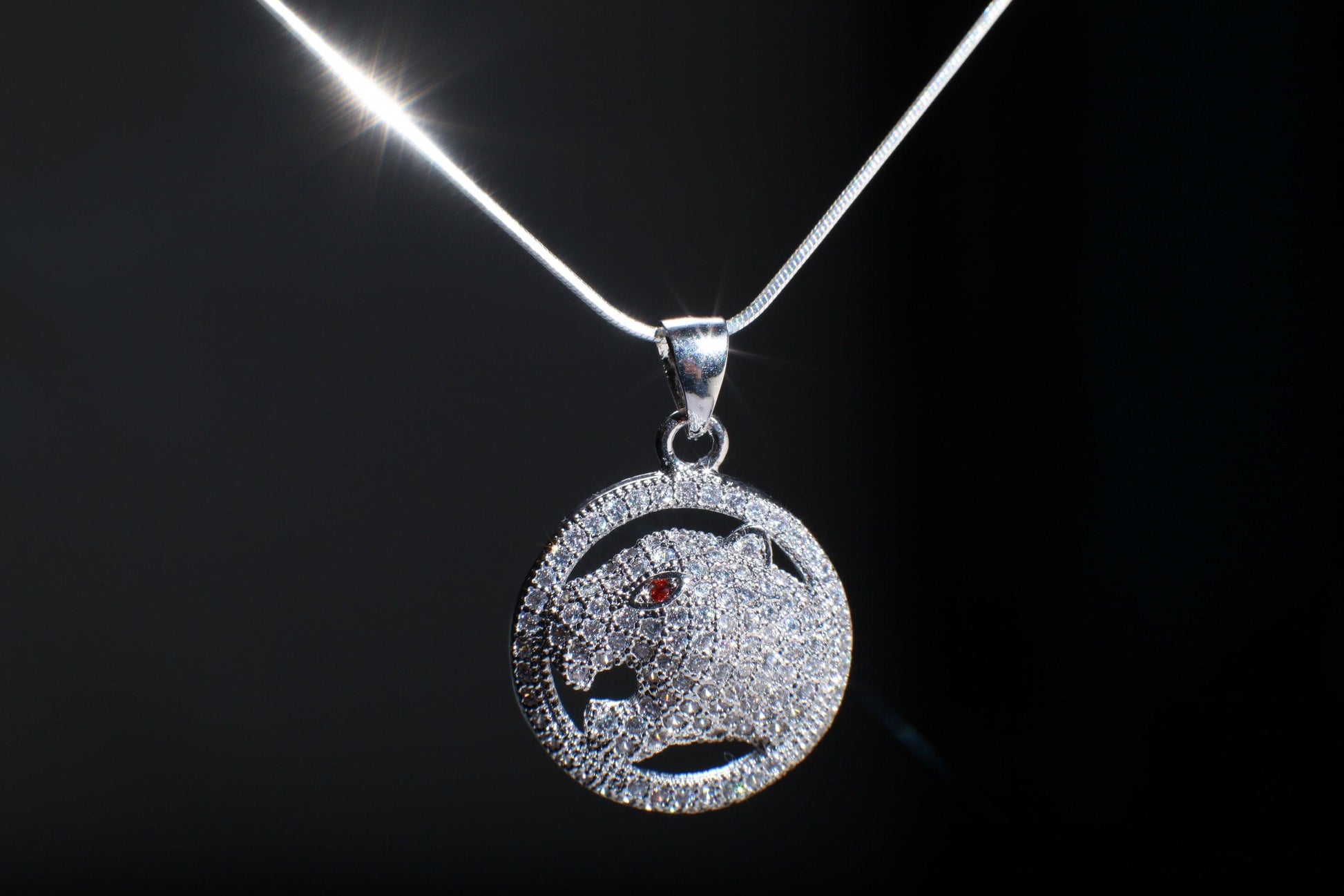 Cubic Zirconia CZ Micro Pave Diamond Style Rhodium Silver Jaguar Ruby Eye Pendant with 925 Sterling Silver Snake Chain in 16", 18"