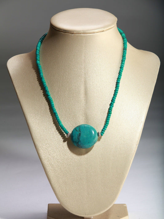 Genuine Tibetan Turquoise Oval Pebble Centerpiece Pendant Roundel Necklace 17"