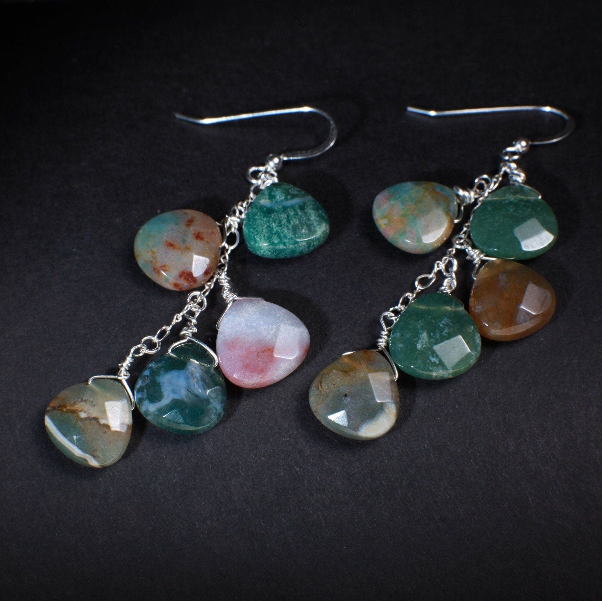 Natural Fancy Jasper Dangling Wire Wrapped Teardrop Briolette Layering Earrings in 925 Sterling Silver Earwire, Boho, Handmade, Gift for her