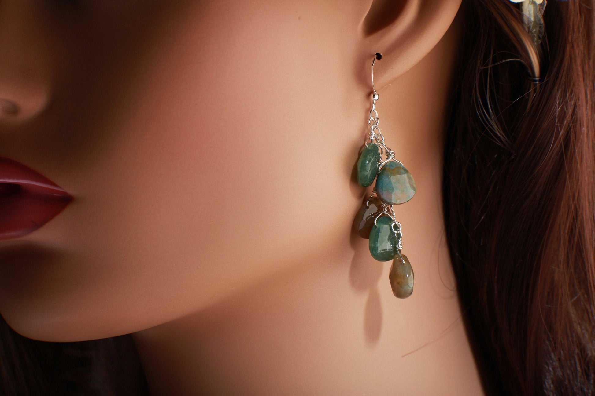 Natural Fancy Jasper Dangling Wire Wrapped Teardrop Briolette Layering Earrings in 925 Sterling Silver Earwire, Boho, Handmade, Gift for her