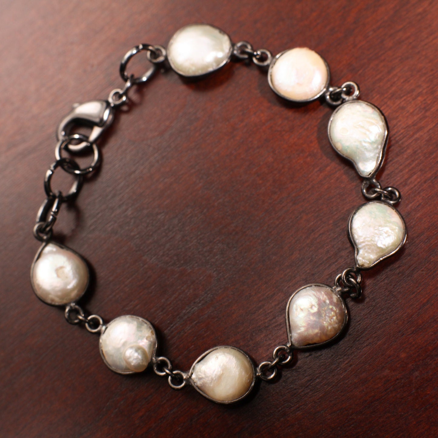 Genuine Freshwater Pearl 10mm Coin Pearl Sterling Silver Oxidized Bezel Bracelet.6”-10”