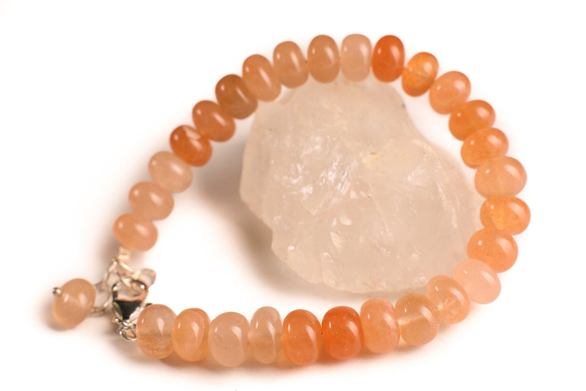 Natural Peach Moonstone 2 tone smooth roundel 8-8.5mm large multi peachy pink with 925 sterling silver Bracelet with 1” extension