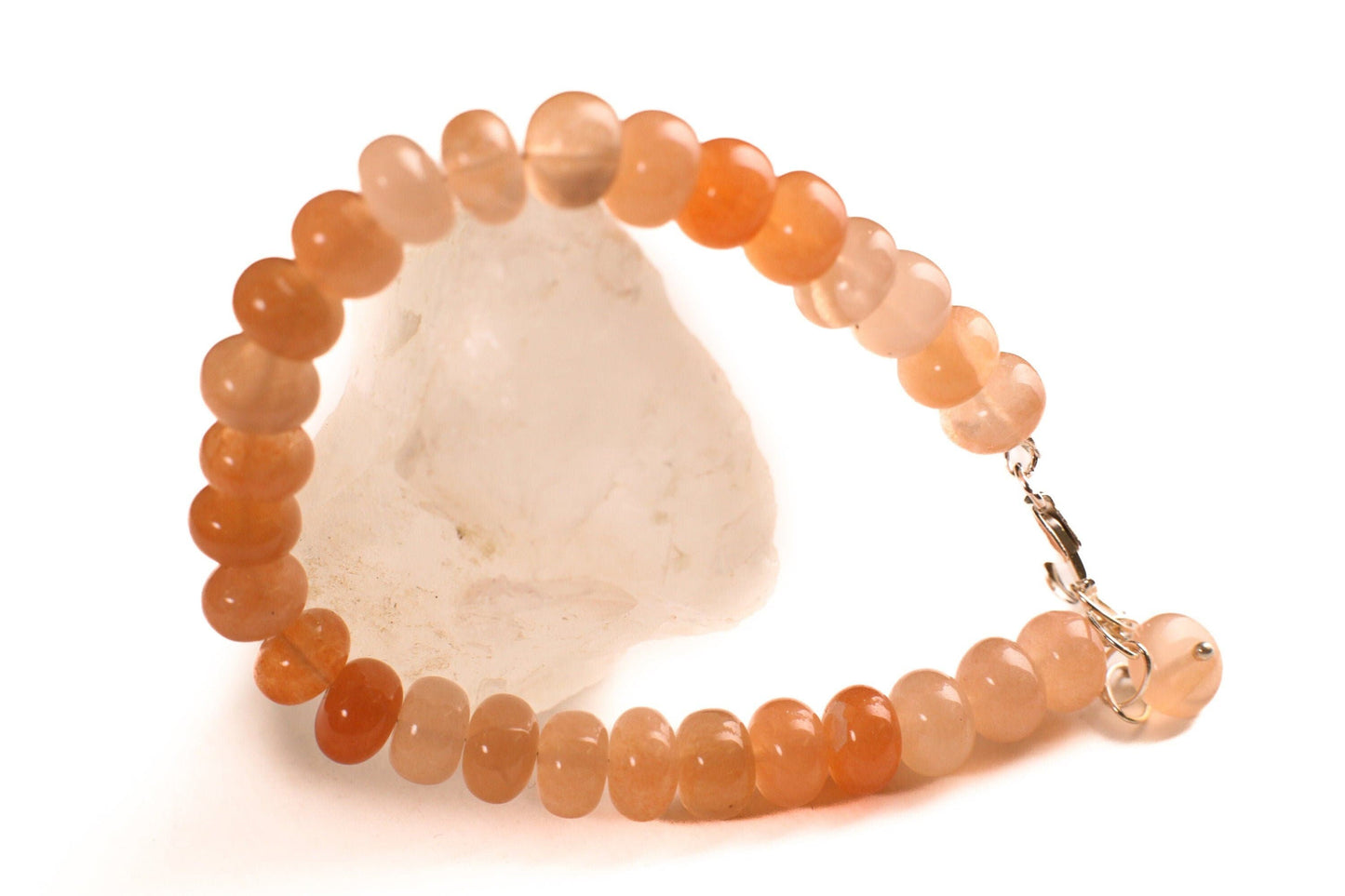 Natural Peach Moonstone 2 tone smooth roundel 8-8.5mm large multi peachy pink with 925 sterling silver Bracelet with 1” extension