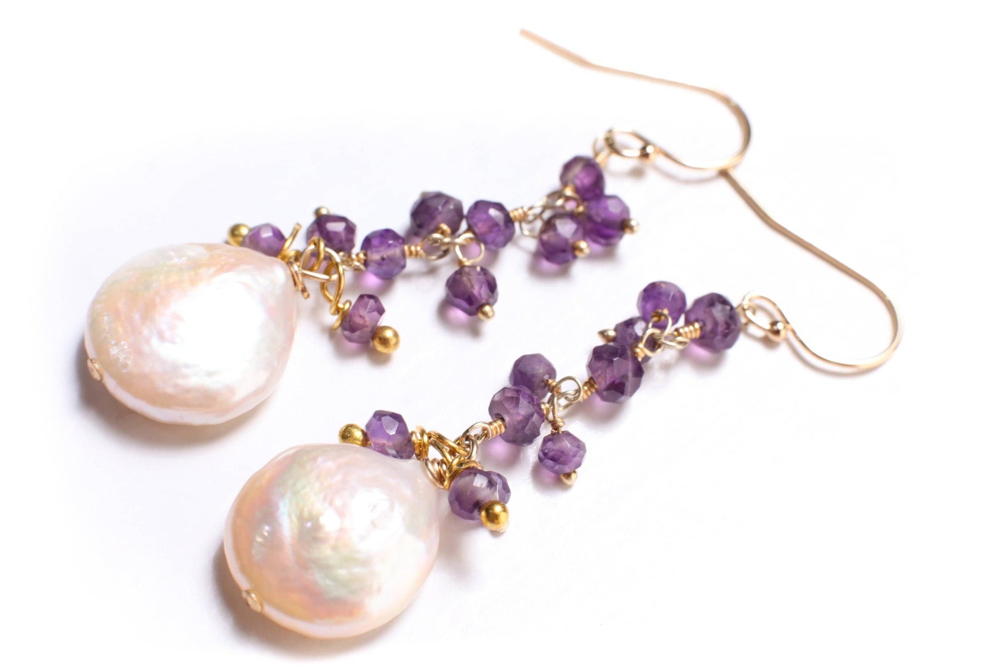 Natural Fresh Water Coin Pearl Dangling with Amethyst Cluster in 14K Gold Filled Ear wire, Valentine, Bridesmaid, Gift for her