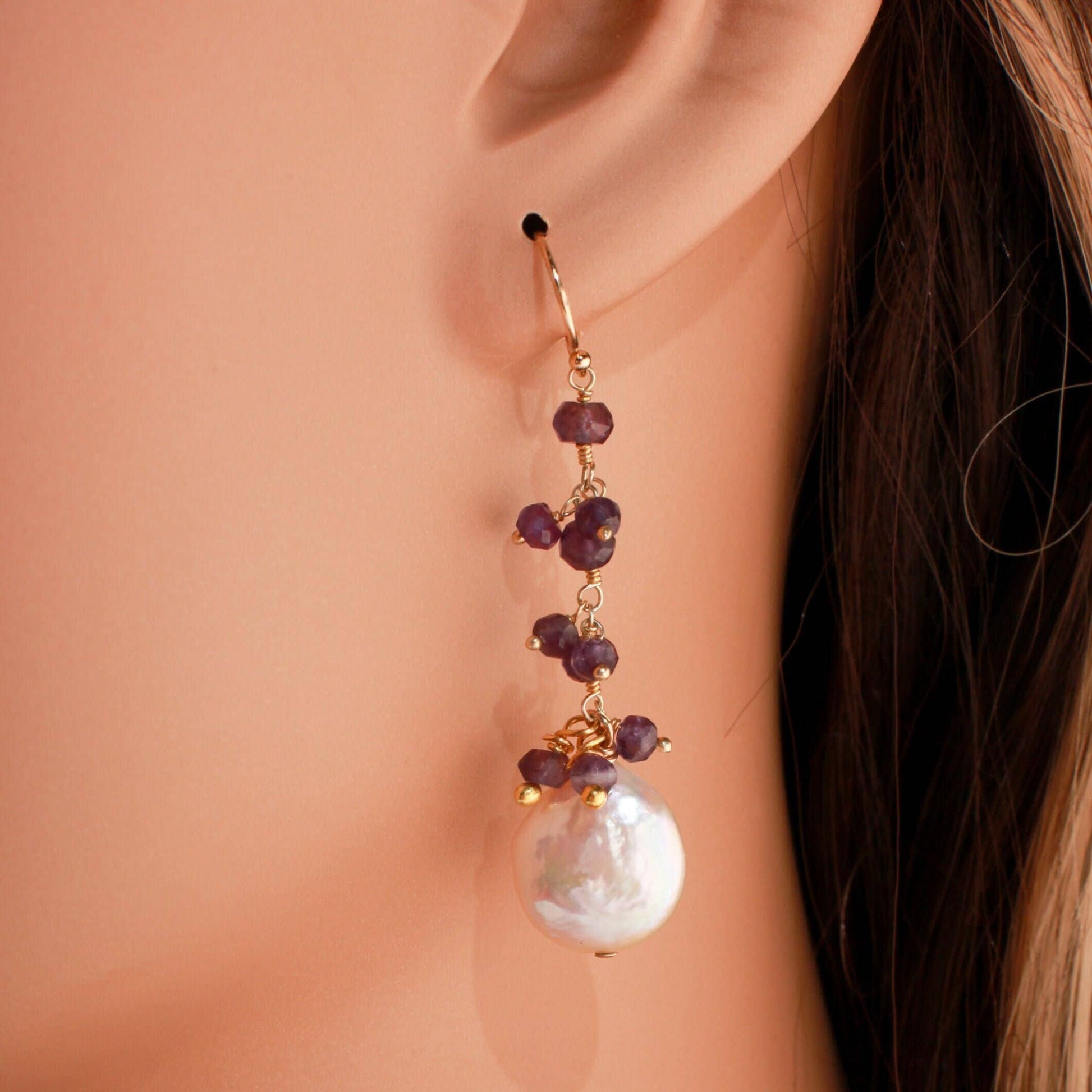 Natural Fresh Water Coin Pearl Dangling with Amethyst Cluster in 14K Gold Filled Ear wire, Valentine, Bridesmaid, Gift for her