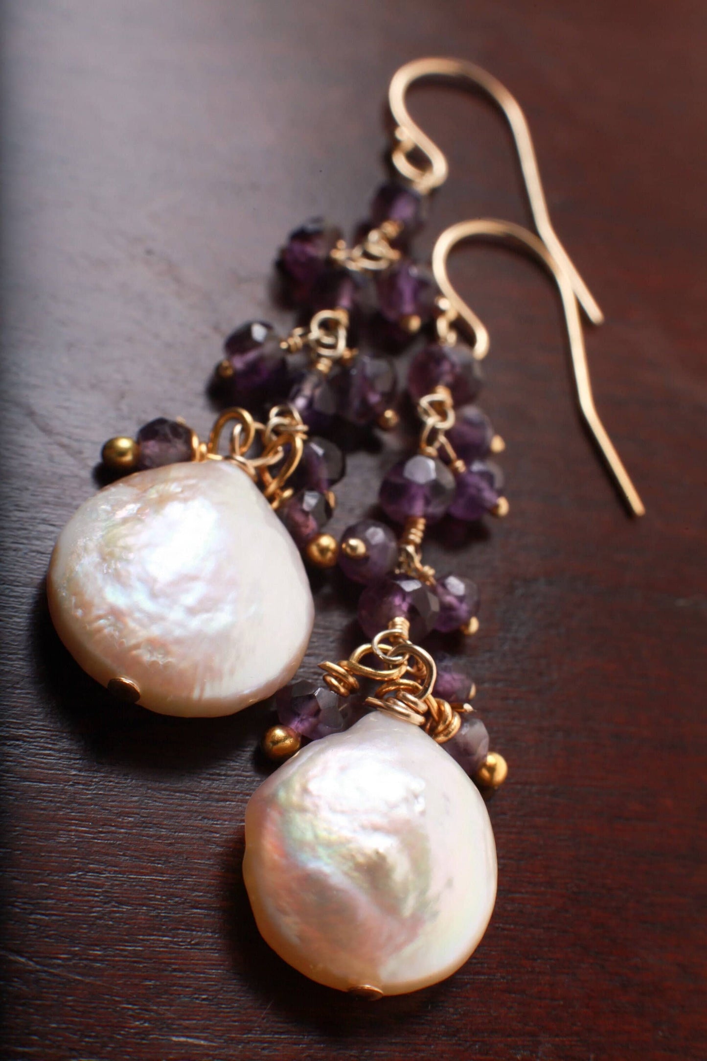 Natural Fresh Water Coin Pearl Dangling with Amethyst Cluster in 14K Gold Filled Ear wire, Valentine, Bridesmaid, Gift for her