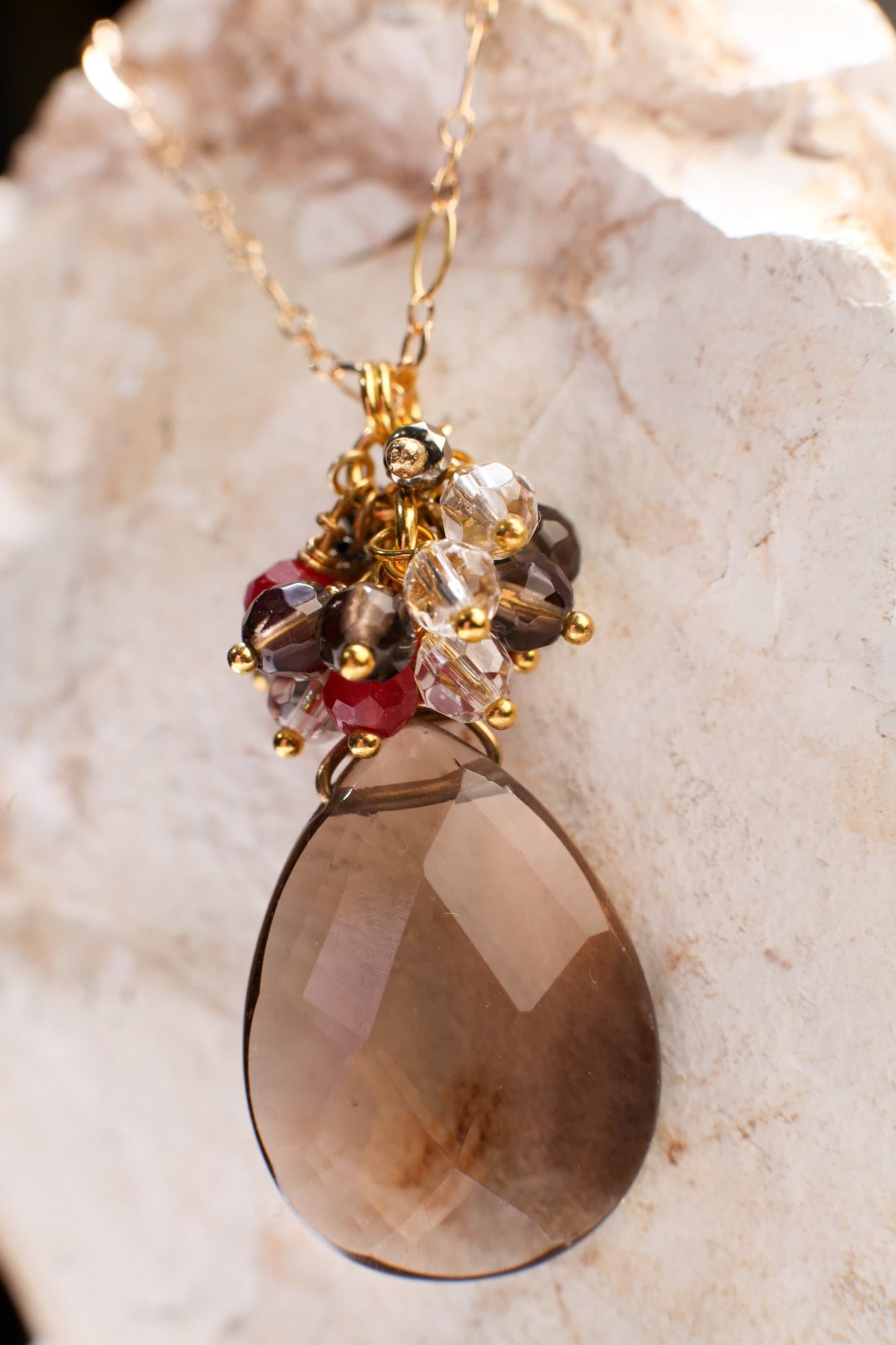 Smokey Quartz Faceted Pear Drop 18x25mm Pendant, Smokey Qz, Rock Crystal,Ruby Jade Clusters Wire Wrapped,14K Gold Filled Chain 18" Necklace