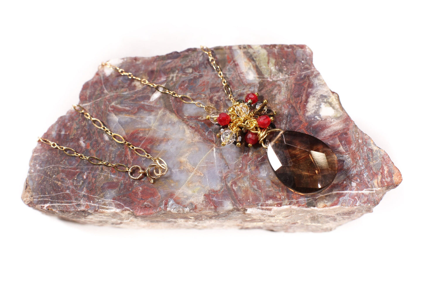 Smokey Quartz Faceted Pear Drop 18x25mm Pendant, Smokey Qz, Rock Crystal,Ruby Jade Clusters Wire Wrapped,14K Gold Filled Chain 18&quot; Necklace