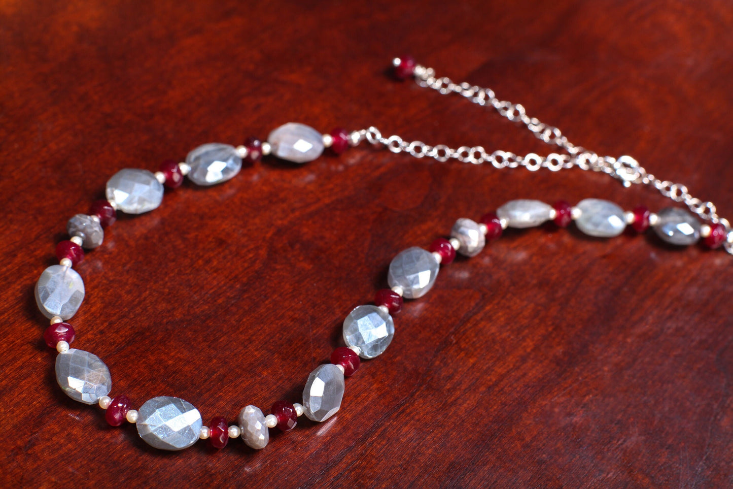 Natural Gray Moonstone Faceted Oval 10x12mm Necklace Accent with Garnet Spacer Gemstone Beads in 925 Sterling Silver Chain and Clasp