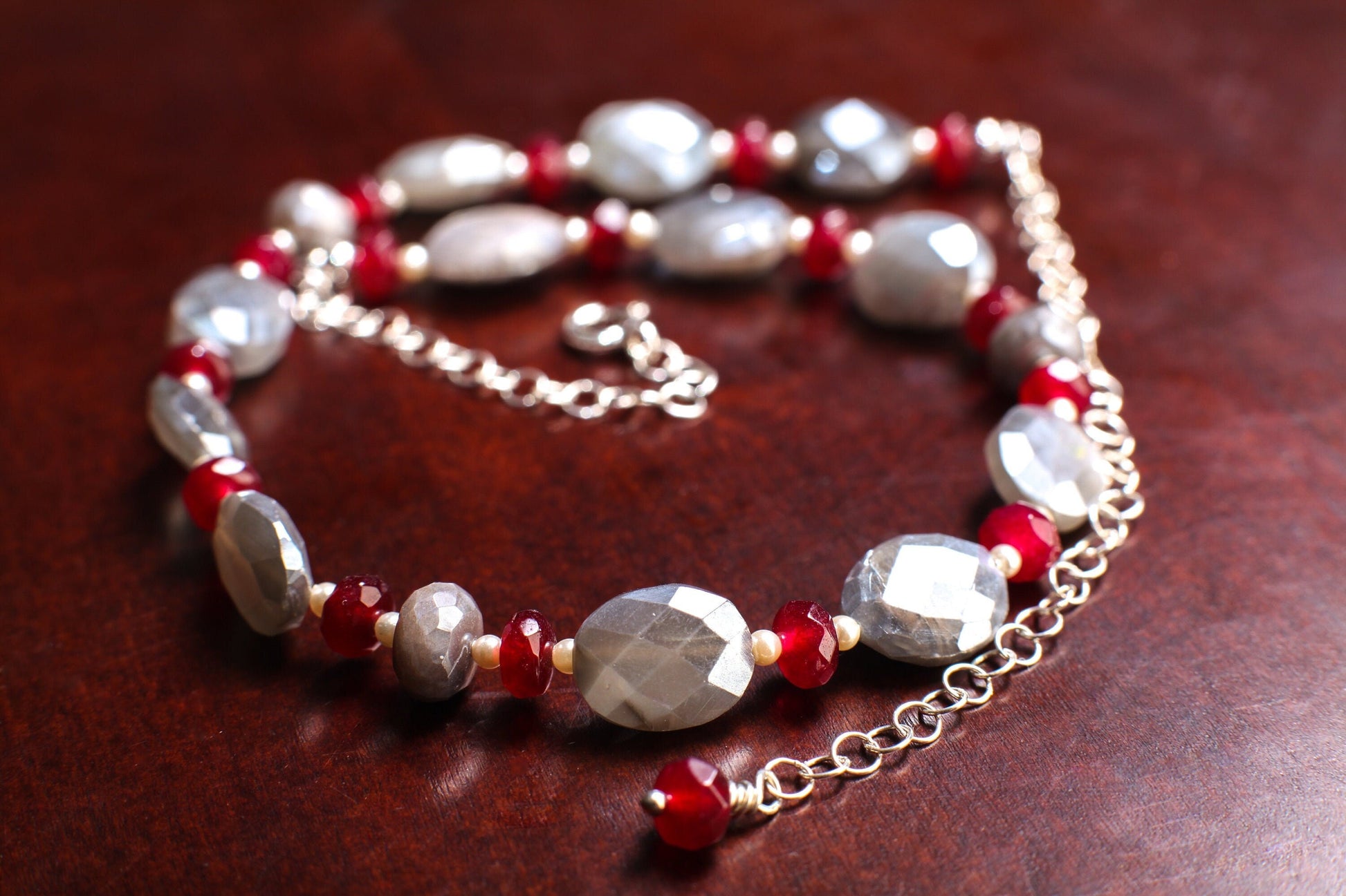 Natural Gray Moonstone Faceted Oval 10x12mm Necklace Accent with Garnet Spacer Gemstone Beads in 925 Sterling Silver Chain and Clasp