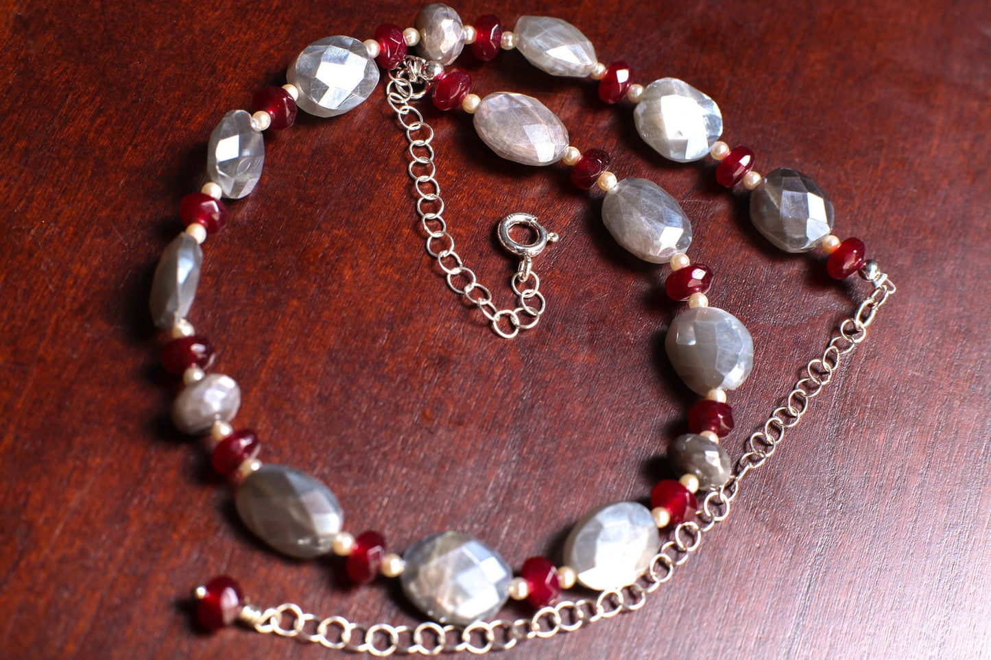Natural Gray Moonstone Faceted Oval 10x12mm Necklace Accent with Garnet Spacer Gemstone Beads in 925 Sterling Silver Chain and Clasp