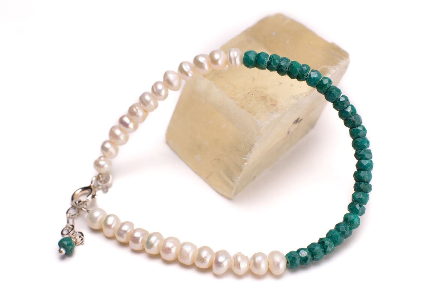 Genuine Emerald Faceted Rondelle and Freshwater Pearl Bracelet in 925 Sterling Silver or 14K Gold Filled Clasp and 1" Extension Chain