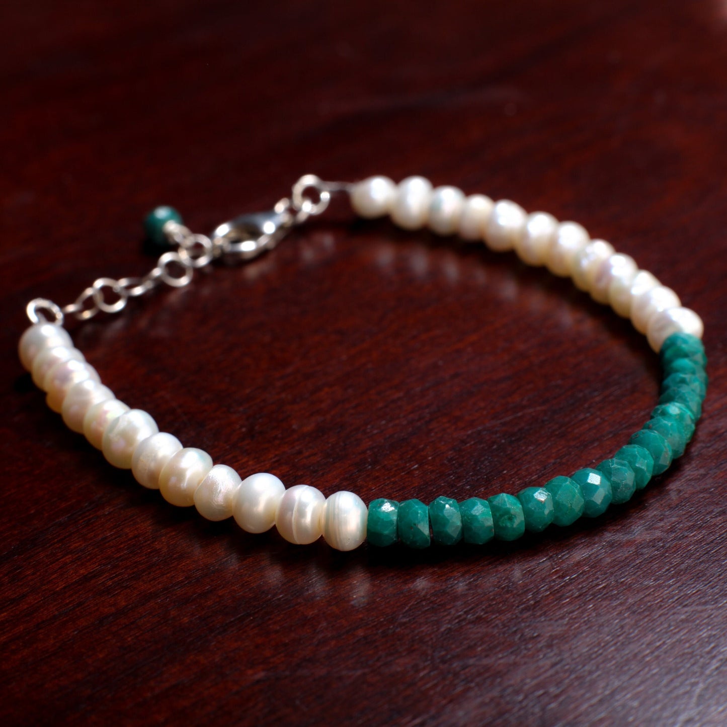 Genuine Emerald Faceted Rondelle and Freshwater Pearl Bracelet in 925 Sterling Silver or 14K Gold Filled Clasp and 1" Extension Chain