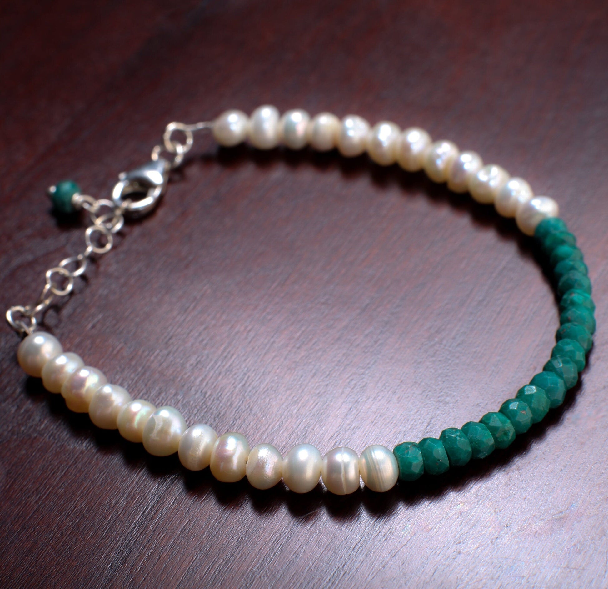 Genuine Emerald Faceted Rondelle and Freshwater Pearl Bracelet in 925 Sterling Silver or 14K Gold Filled Clasp and 1&quot; Extension Chain